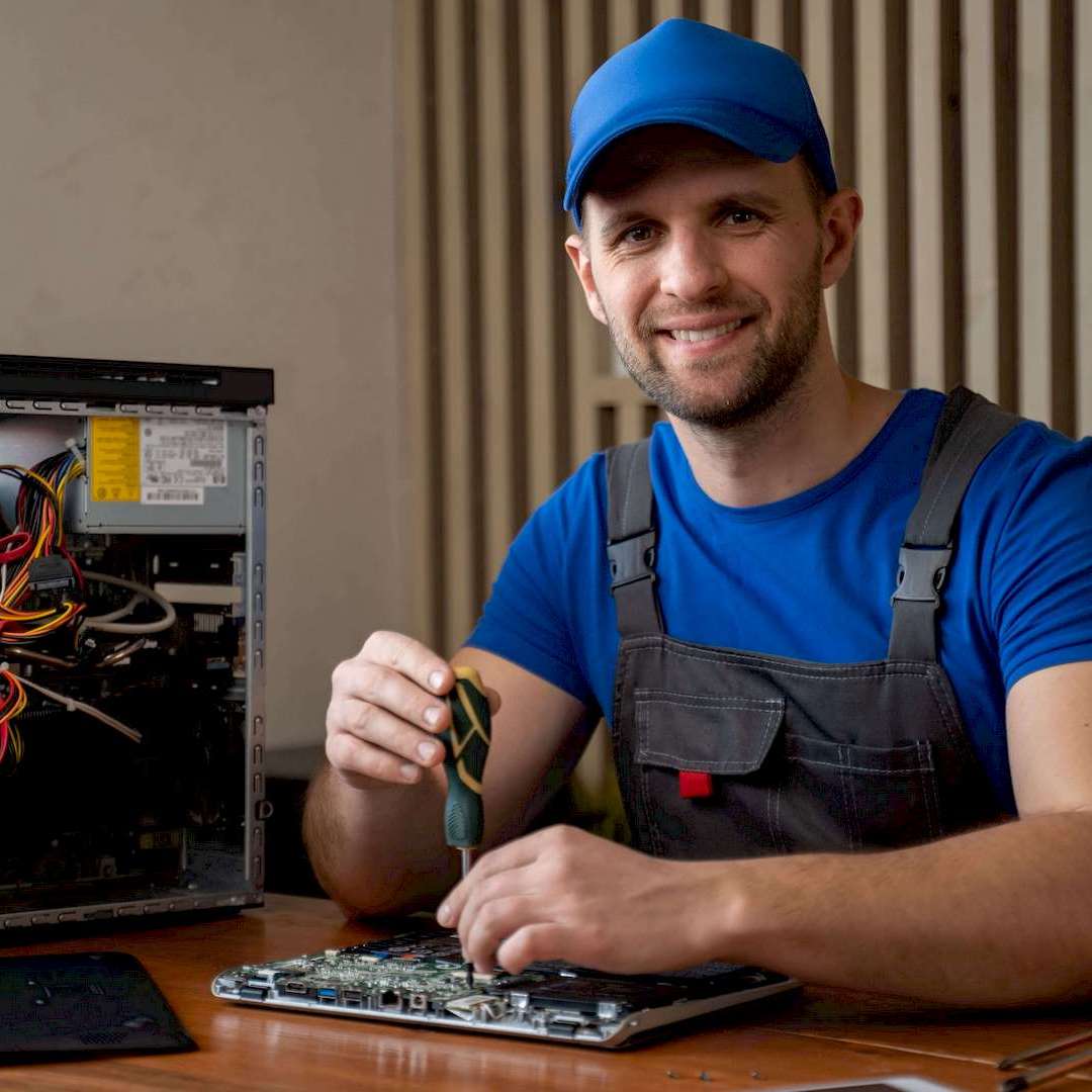Egy szerelő elektronikai javítás közben Budapesten