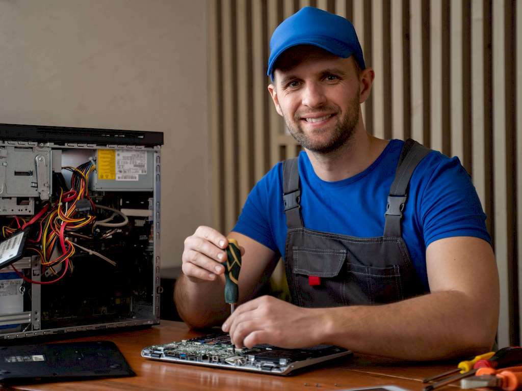 Egy számítógép szerelő internet javítás közben Budapesten